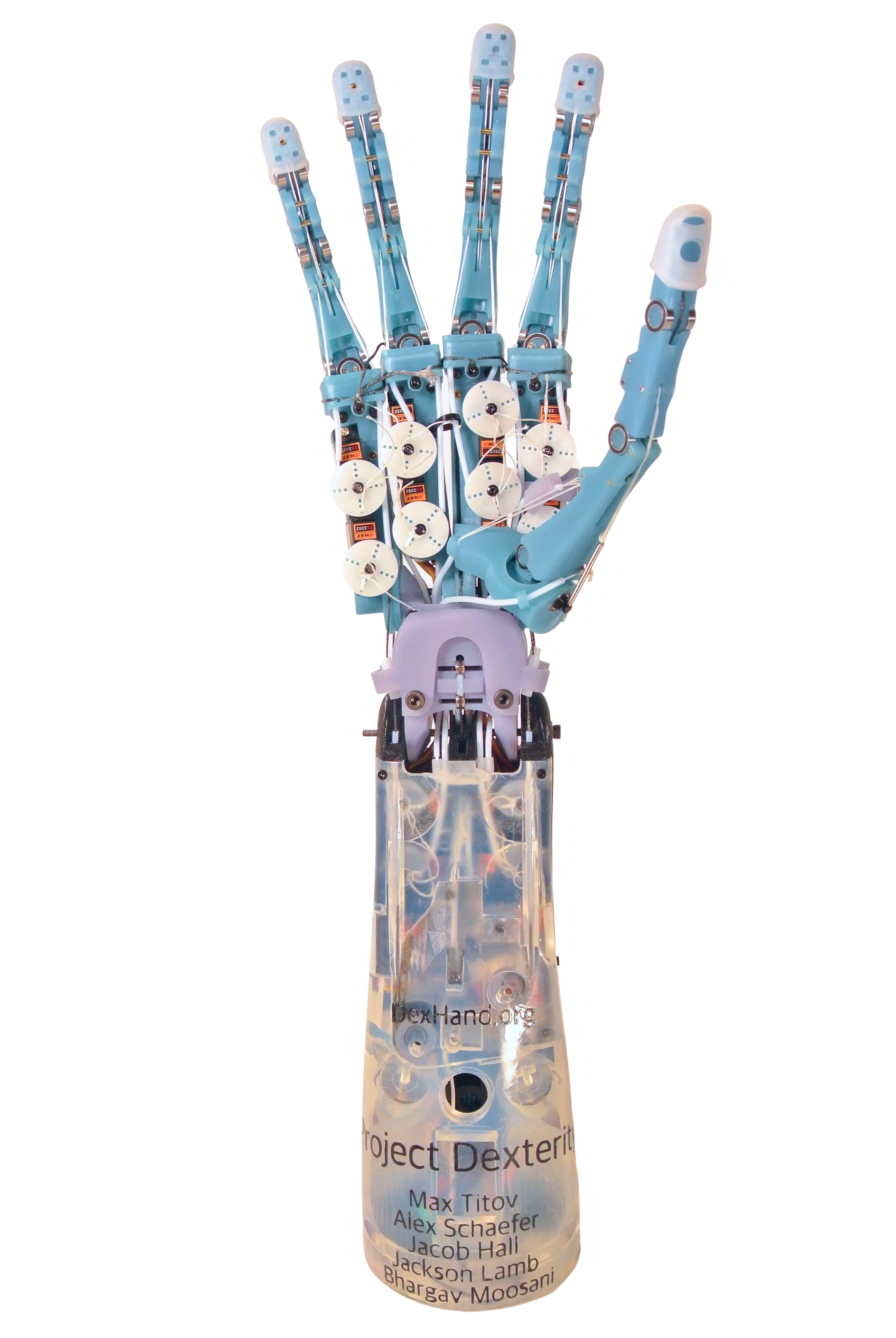 Project Dexterity, a blue articulated robotic hand
